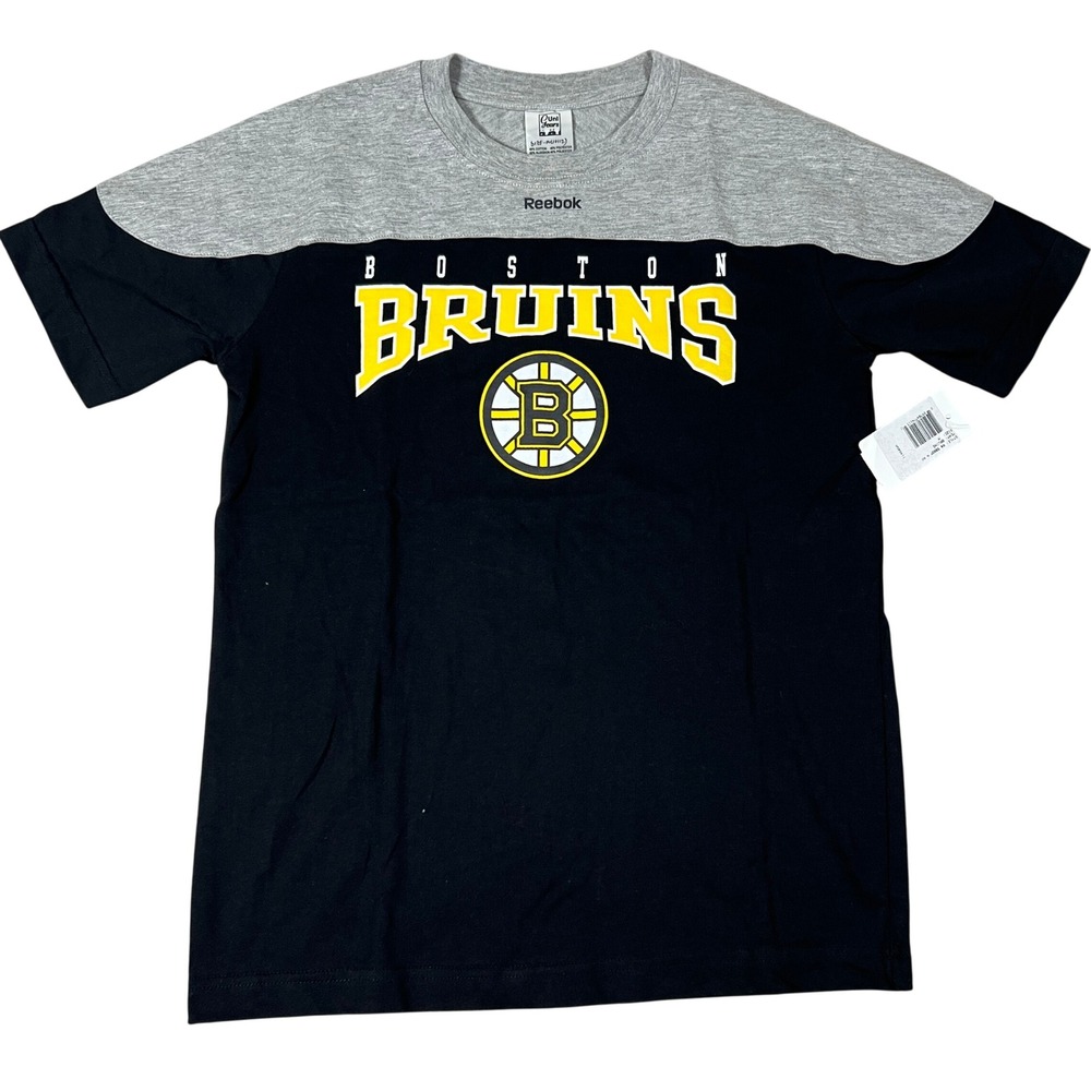 Reebok Boston Bruins Kids T-Shirt Black‎ Gray NHL Graphic Tee Size M 10-12 New